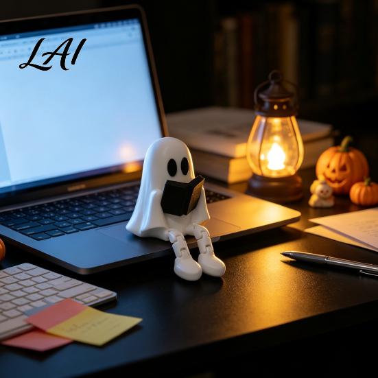 Sitting Ghost Ornament Reading Figurine with Articulated Legs 3D Printed Artistic Statue White Desk for Halloween Decoration