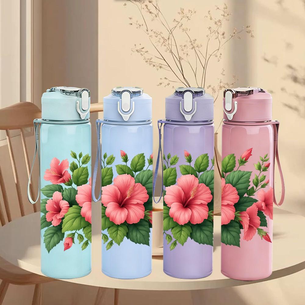 1PC Pink Hibiscus Flower Print 750ml Color Plastic Sports Water Bottle Leakproof Flip Straw Lid Suitable for Sports Office Home Use