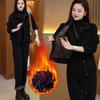 2 Pcs/Set Women Coat Pants Set Thick Plush Lined Single-breasted Turn-down Collar Long Sleeve Jacket Drawstring Elastic Waist Pantsuit Warm Outfit
