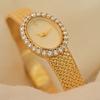 Luxury Gold Plated Oval Women's Watch Diamond Bezel Woven Mesh Band Elegant Quartz Wristwatch for Ladies
