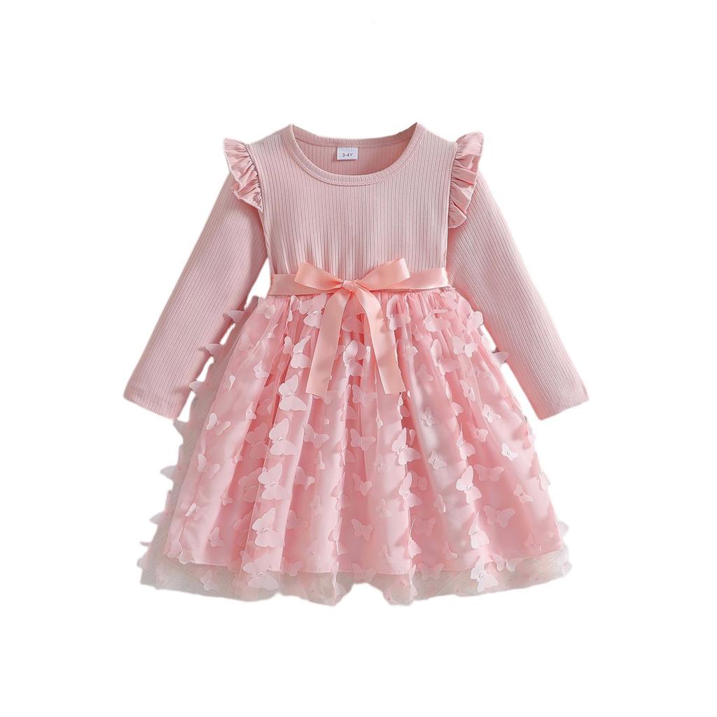 Girls' 3D Bow Dress - Long Sleeve Tulle Belted Gown