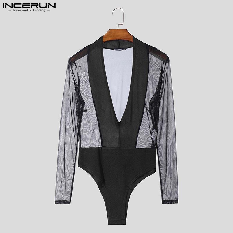 INCERUN Мужские прозрачные комбинезоны с длинным рукавом из сетчатой ткани в сетку