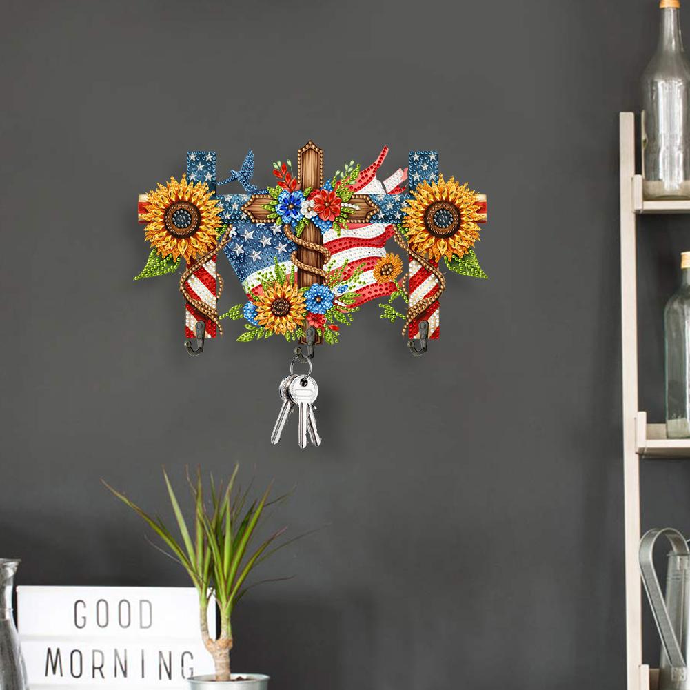 Wooden Flag & Flower Diamond Art Hanging Hooks Rhinestone Painting Coat Hook 3 Hooks Diamond Painting Hook Rail DIY Crafts Decor