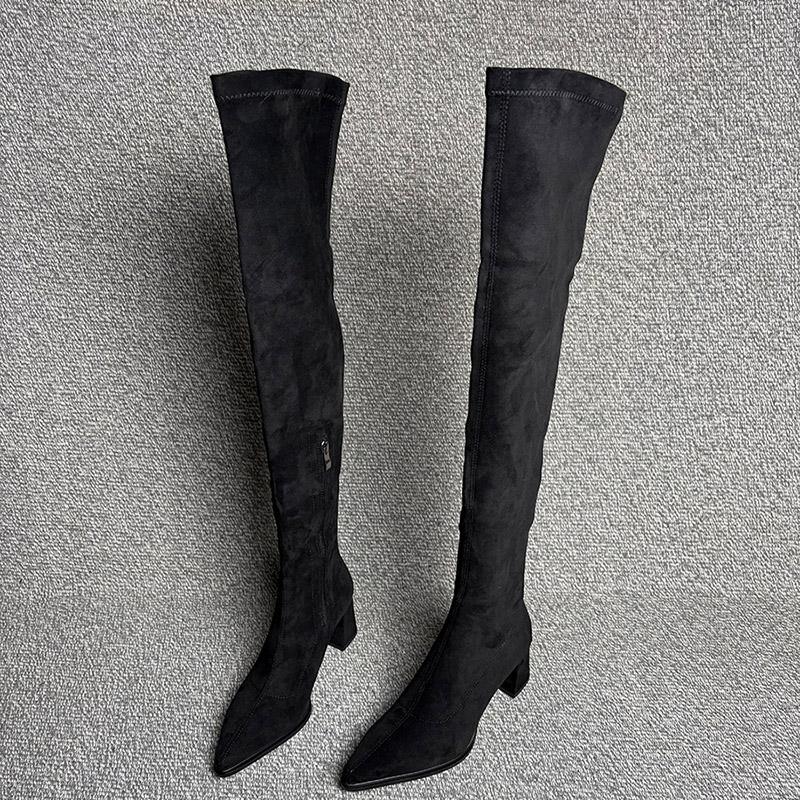 Зимняя мода Женские длинные ботфорты с острым носком Уличный стиль Толстый каблук Вечеринка Стриптизерша Женская обувь