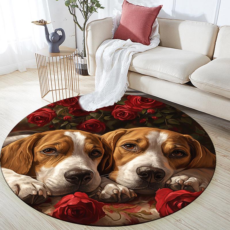 Beagle and flowers pattern round rug,Carpet Rug for Living Room Bedroom  Playroom ,Non-slip Floor Mat,Holiday Gifts and Birthday Gifts.
