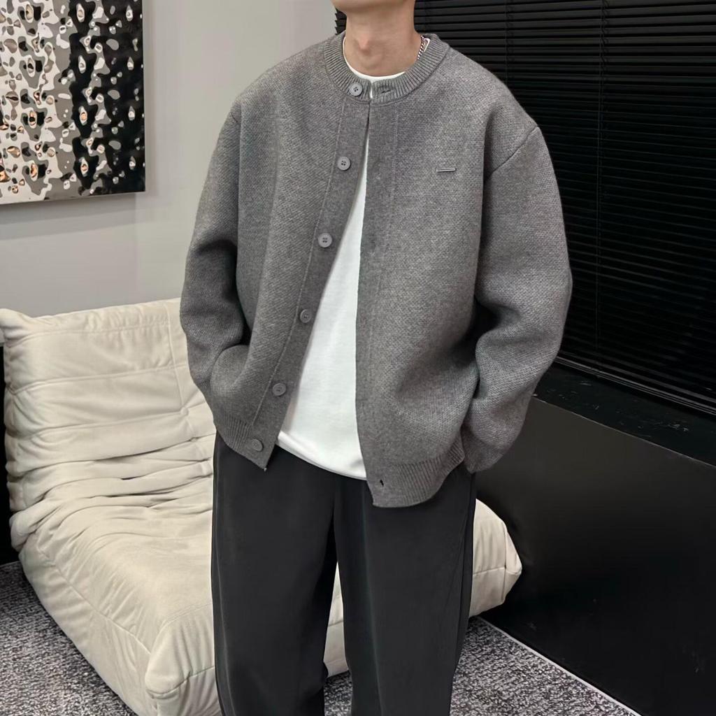 Осень 2024 Унисекс Вязаный кардиган свободного кроя с бейсбольным воротником.