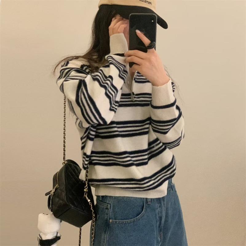 College Style Color Matching Striped Long-sleeved Knitted Sweater Autumn and Winter New Loose and Thin Casual Collar Pullover Sweater Women