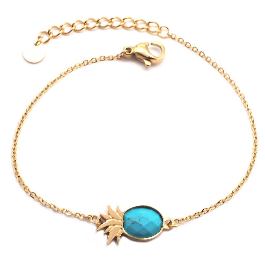 Les Trésors De Lily [Q1226] - Golden Turquoise 'Pineapple' Steel Designer Bracelet - 14x8 Mm