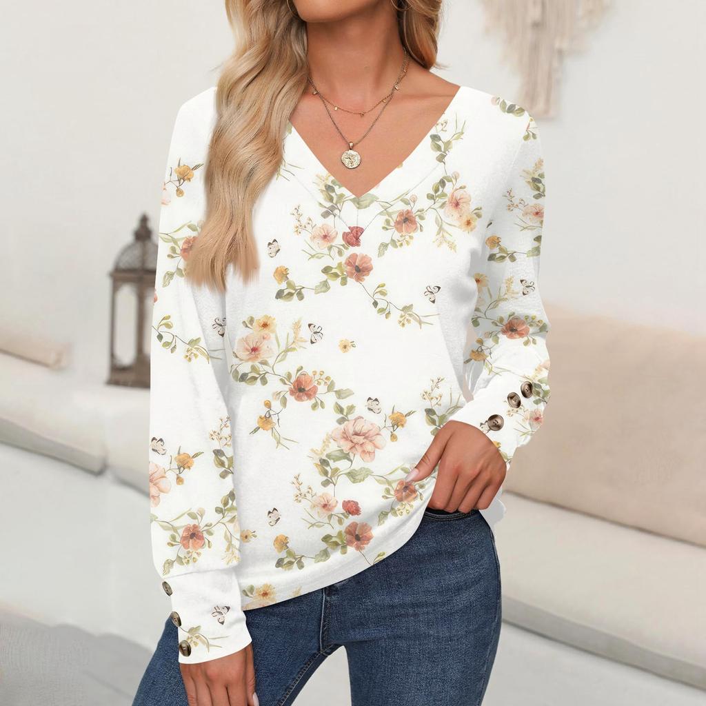 Женские топы с цветочным принтом, рубашка с длинным рукавом и V-образным вырезом, повседневная свободная футболка, осенняя одежда