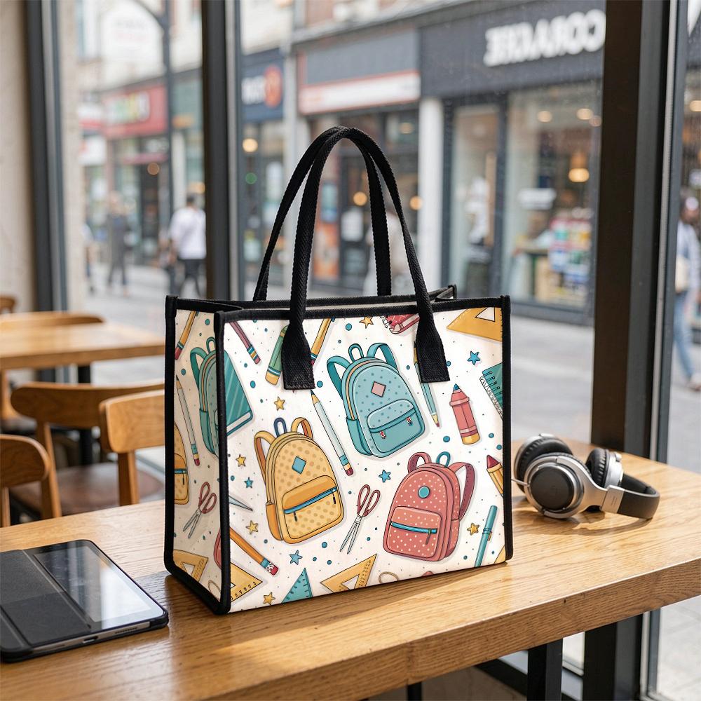 Cute School Pattern Tote Bag Casual Daily Use Handbag Lightweight Portable Shopping Shoulder Bag for Students Teachers