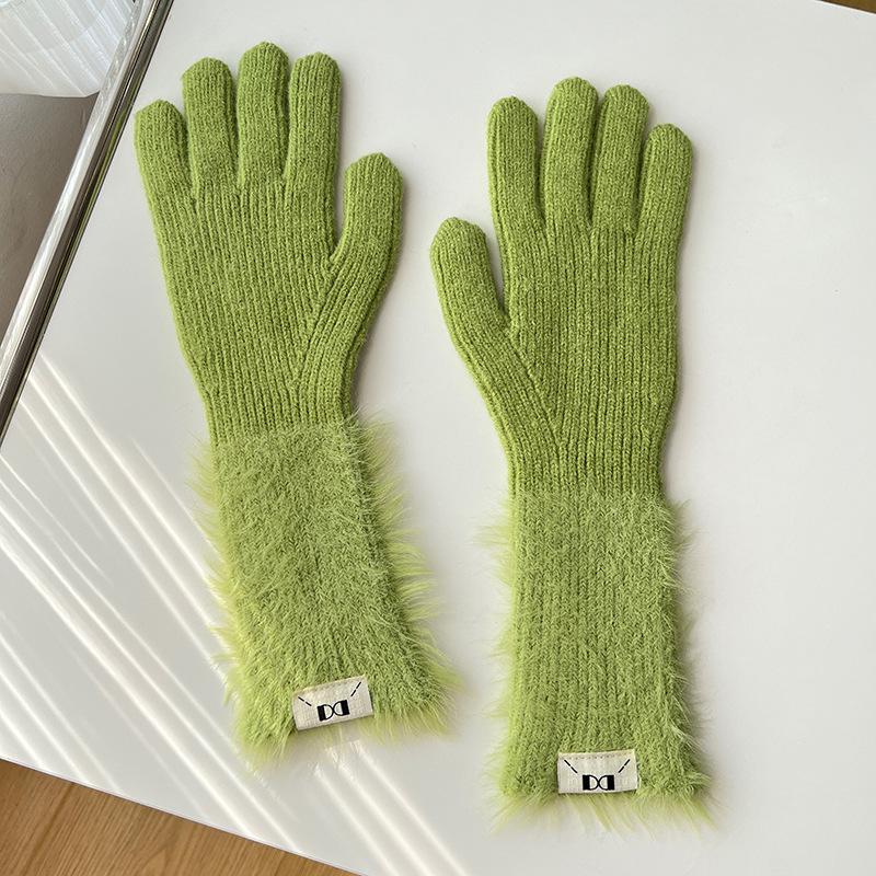 Осень и Зима Дофаминовый Однотонный Теплый Вязаный Варежки с Пятью Пальцами - Универсальные, Милые, Длинный Велосипедный Рукав для Девочек