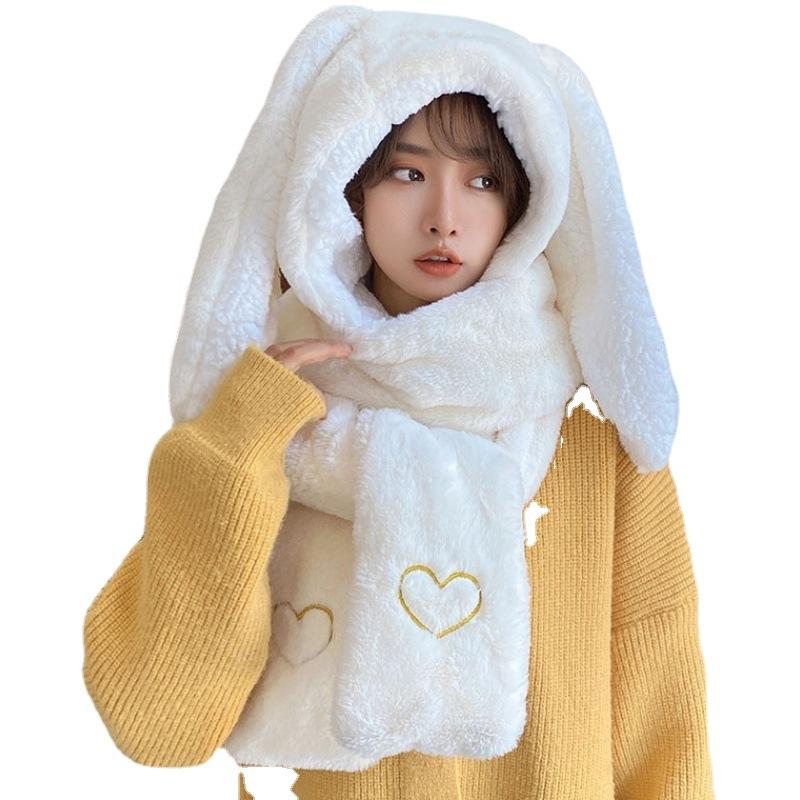 New Fashion Scarf Hat Glove 3 Piece Women Cute Big Ear Bunny Winter Warm Soft Thickening Pocket Hats Hooded