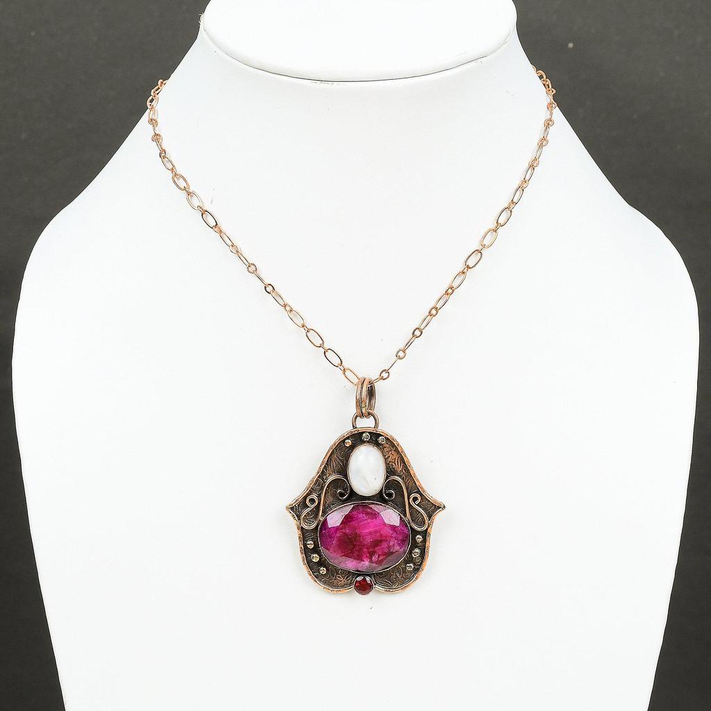 Кулон с ограненным кашмирским рубином, кулон с радужным лунным камнем, кулон с мозамбикским гранатом, медный кулон, красивое ювелирное изделие из драгоценных камней, кулон ручной работы