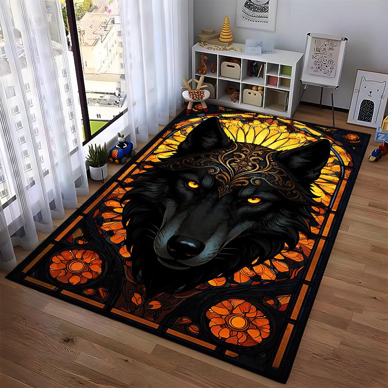 "Black Wolf with Golden Eyes Carpet, Mandala Floral Pattern Design" Suitable for use as an anti-slip for living room bedroom sofas