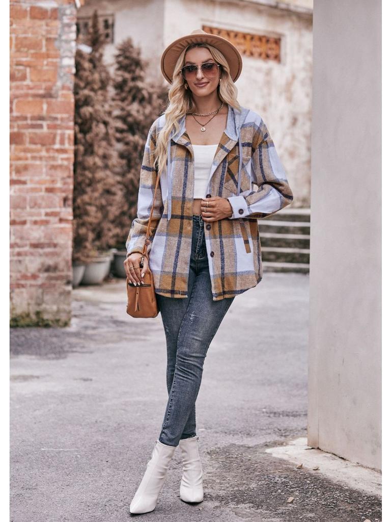 2024 New Autumn and Winter Fashion Simple Casual Hooded Plaid Shirt Loose and Comfortable Commuting Medium Length Women's Coat