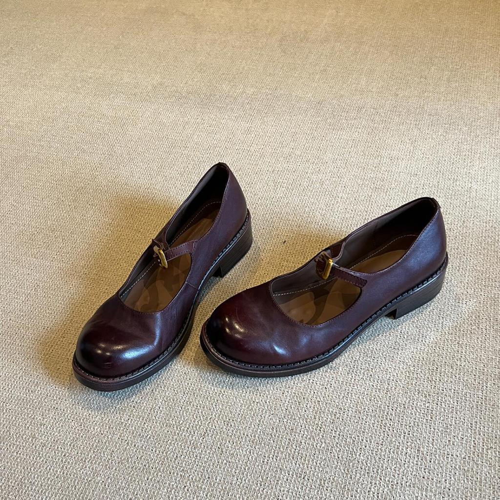 Туфли из овчины в ретро-британском стиле с круглым носком, женские туфли Мэри Джейн из кожи на толстом каблуке, легкие туфли с открытым носком