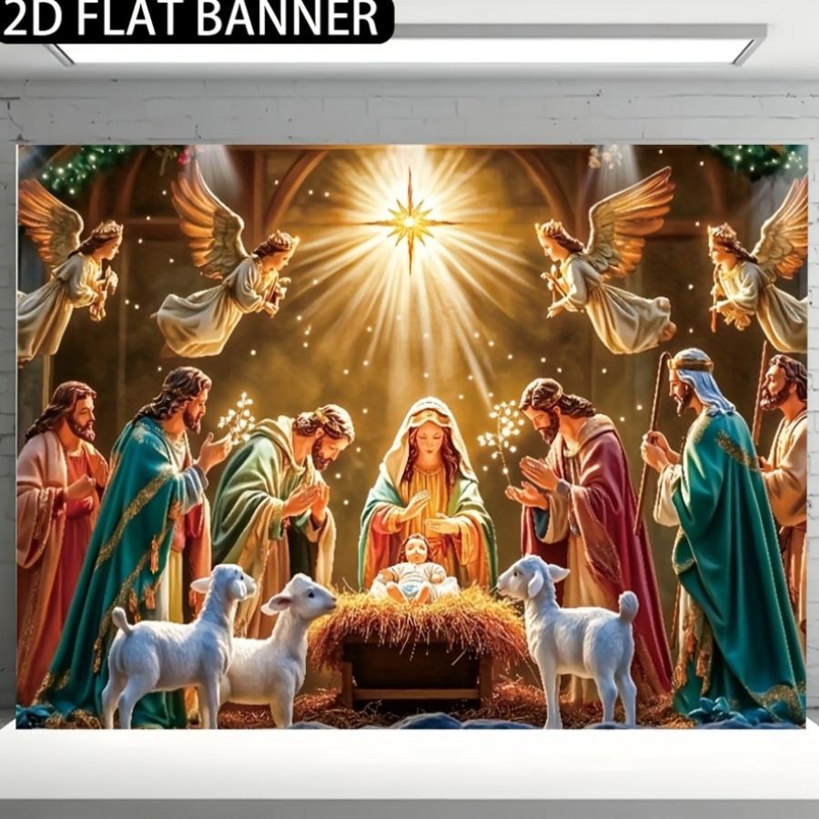 1pc Christmas party banner made of polyester material with a background image of the Nativity of Jesus suitable for indoor an