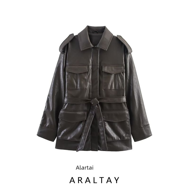 Araltay New Arrival Fashion Style Women's Clothing Fashion All-Match Minimalist Pocket Decoration Imitation Leather Jacket Outwear 4341766