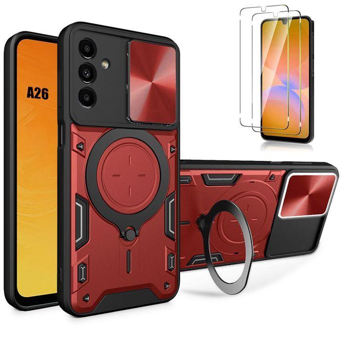 Coque de protection - BOOLING - pour Samsung Galaxy A26 5G - Rouge - Avec Anneau Cache Caméra - avec 2 Verres Trempés