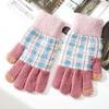 Winter New Full Finger Touch Screen Women's Warm Knitted Woolen Gloves with Checkered and Fleece Interlaced Fingers for Cycling To Keep Warm
