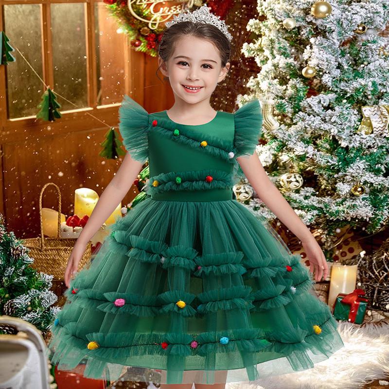 Christmas Girl Green Costume Stage Show Dress Birthday Party Fashion Dresses