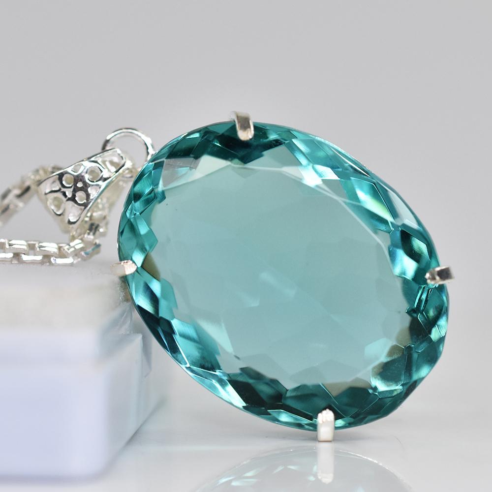 925 Sterling Silver Oval Pendant Aquamarine 137 Ct Lab Created