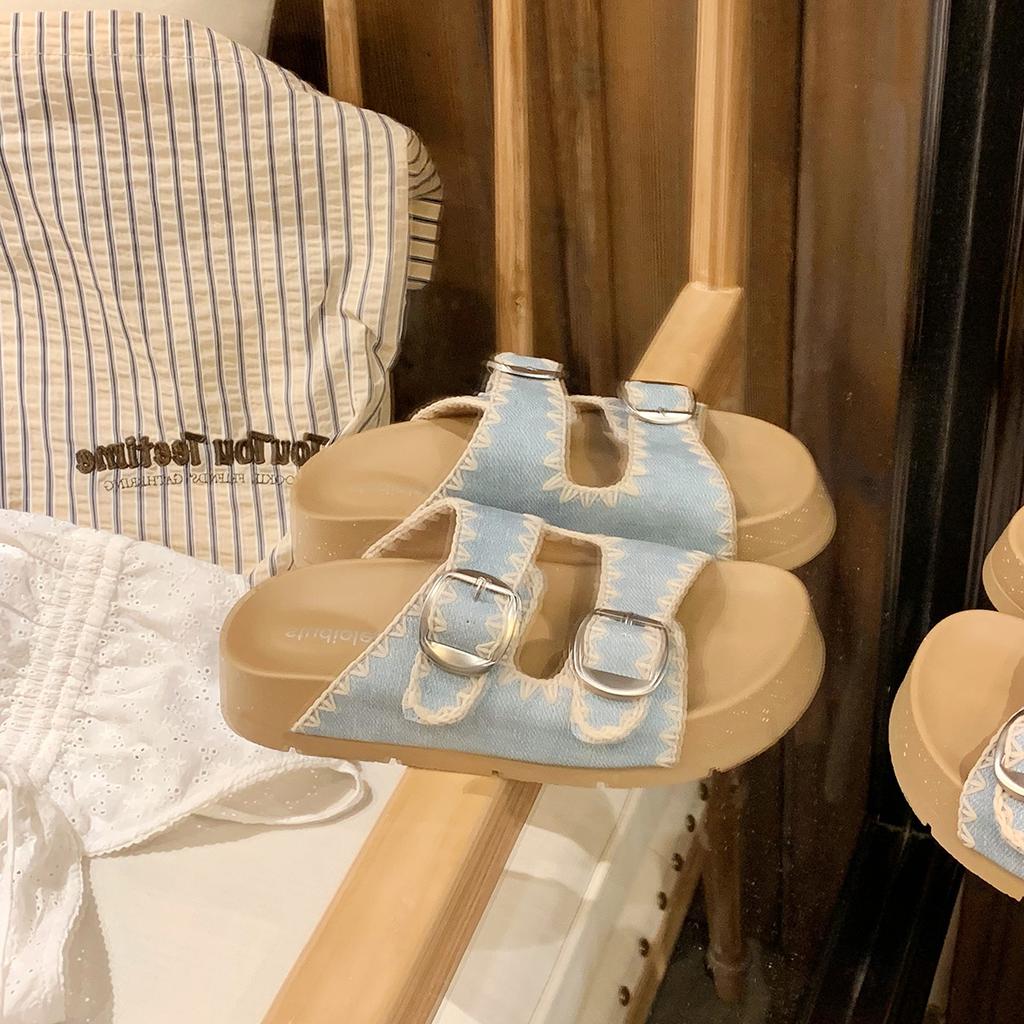 Grape mother, the same style, covering the meat and showing thinness, embroidered double belt buckle, one-word slippers, round head, versatile, lazy,