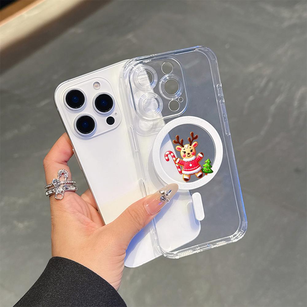AC102 Рождественские С Новым Годом Magsafe Прозрачные Чехлы для Samsung S23 S24 Ultra S21 FE iPhone 16 13 Pro Max XR Магнитная Беспроводная Зарядка Задняя Крышка