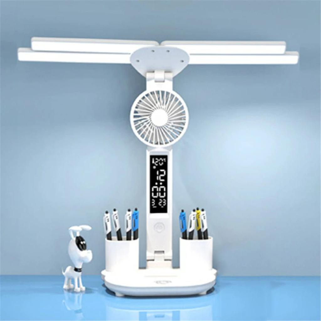 LED Desk Lamp for Office Home Desk Lamps with Fan Bright Four-Headed Table lamp Adjustable Foldable Table Lamp with Clock Date Fan Pen Down,Temperatu