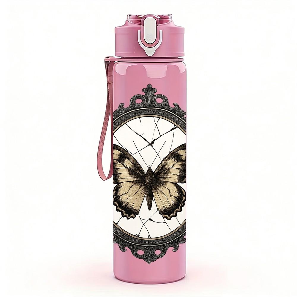 1PC Butterfly In Vintage Frame Print 750ml Color Plastic Sports Water Bottle Leakproof Flip Straw Lid Suitable for Sports Office Home Use