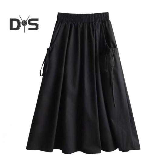 Юбка-карго с эластичным поясом и боковыми карманами, однотонная юбка-трапеция свободного кроя, миди-юбка в рабочем стиле, юбка на завязках