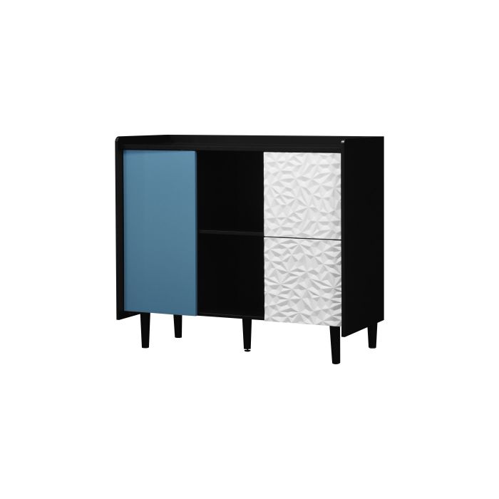 Buffet, corps noir avec portes bleues, comprenant deux tiroirs à panneau unique et deux compartiments de rangement ouverts.