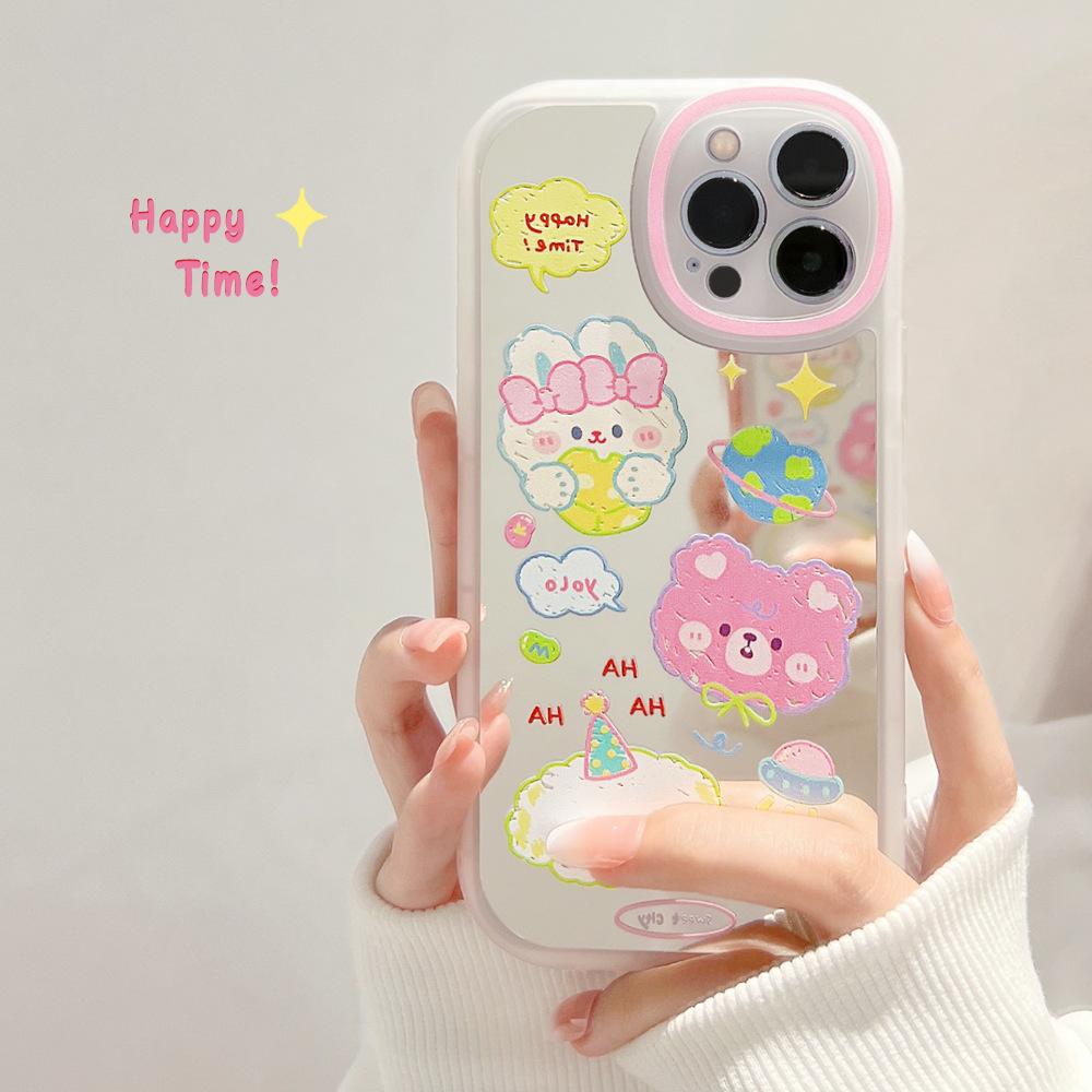 Зеркальный чехол с граффити Love Earth Happy Dog Bear для Iphone 11 12 Mini 13 Promax Xs Max X Xr 8 7 Plus Se2020, чехол для телефона с мультяшным рисунком