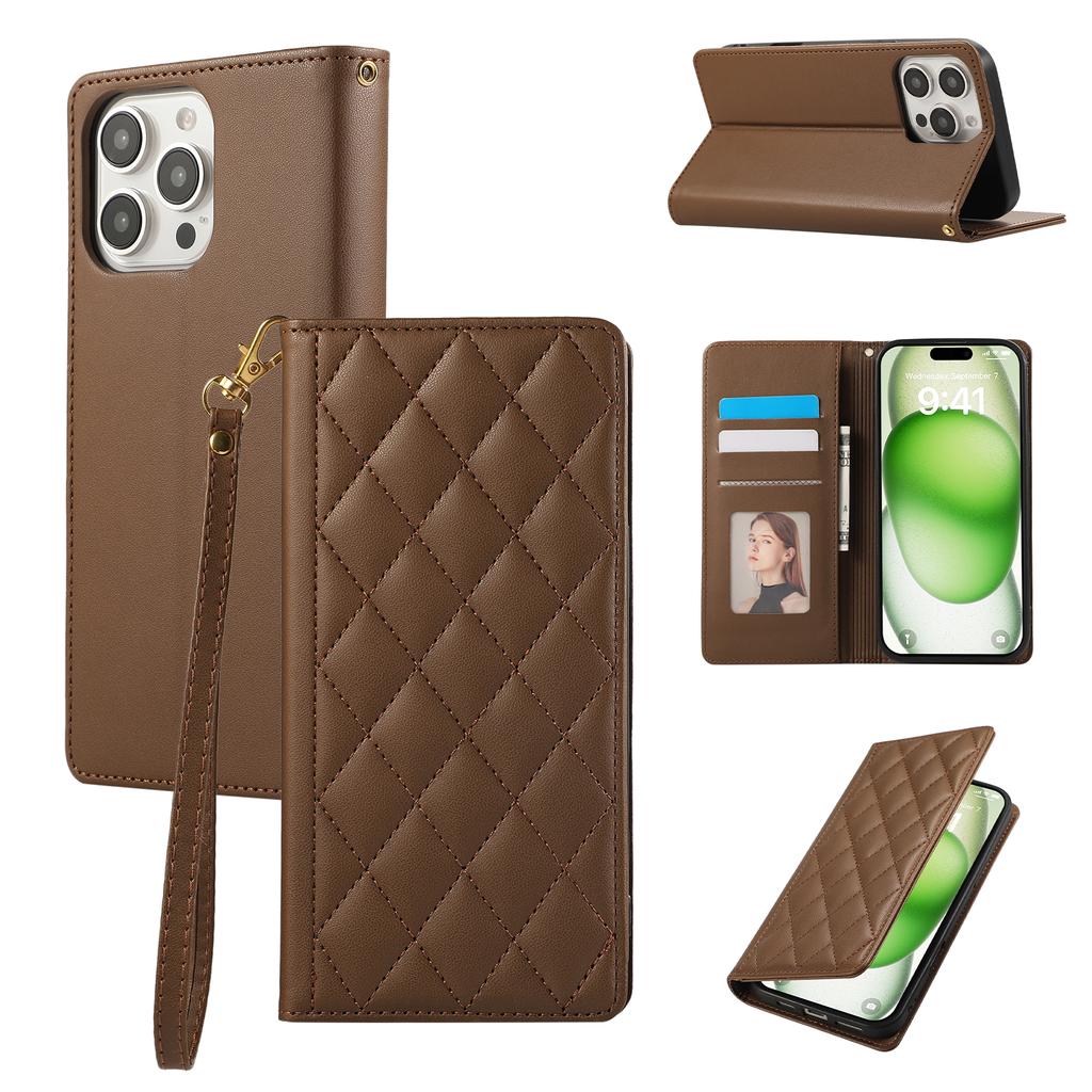 For iPhone 16 Pro Case RFID Blocking Wallet Stand Rhombus Leather Phone Cover with Wrist Strap