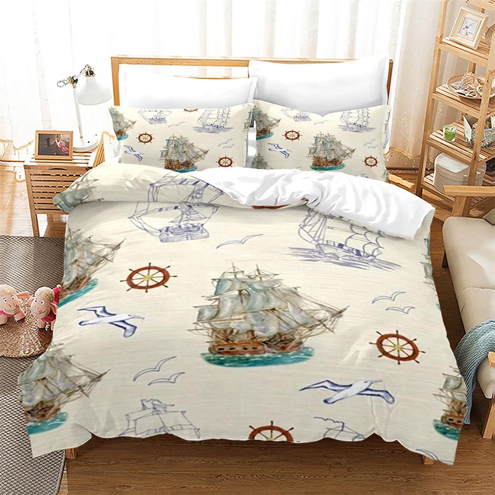 Pirate Ships Duvet Cover Set Vintage Nautical Style Comforter Cover Polyester Bedding Set Medieval Sailing Ship King Queen Size