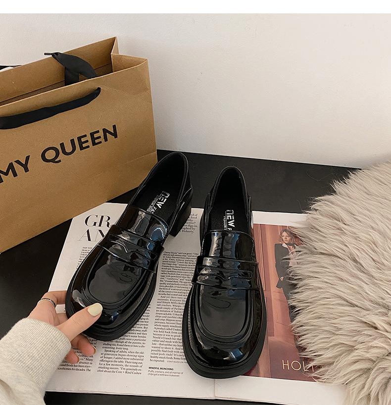 Туфли женские кожаные на толстом высоком каблуке в ретро-британском стиле 2025 года, универсальные черные мокасины на платформе с круглым носком