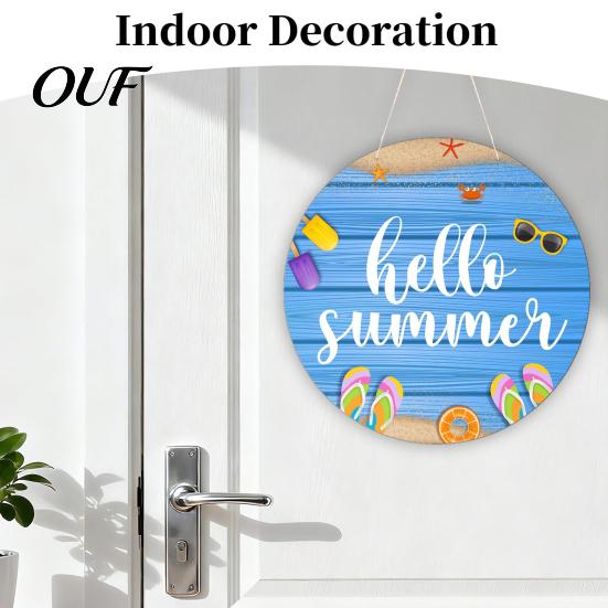 Coastal Home Decor Hello Summer Door Sign, Spring Beach Flowers Welcome Wooden Seaside Decorations Front Hanging Plaque for Wall, Outdoor Porch Garden