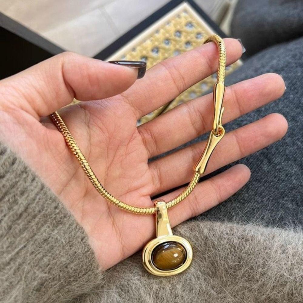 Подвеска из камня Тигровый глаз, ожерелье из титановой стали, женское ожерелье, цепочка для свитера, ювелирные аксессуары