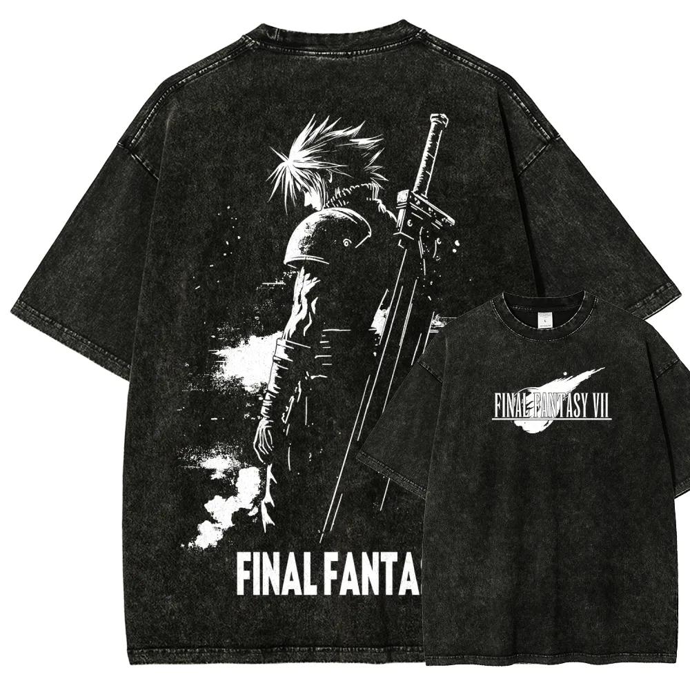 Anime Final Fantasy Graphic Manga Vintage Washed Oversized T Shirt Men Women Casual Short Sleeve Pure Cotton High Quality Female Male Clothing