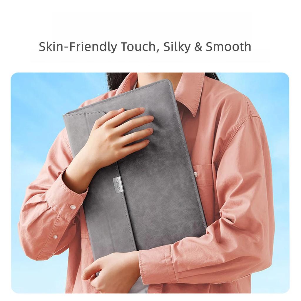 UGREEN Laptop Sleeve 16-Inch, Storage Bag Protective Cover PU Leather, Compatible with All Computers, Can Be Used As Stand, Gray
