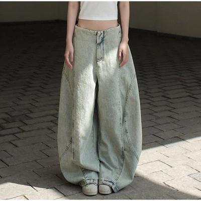 Винтажные мешковатые потертые джинсы ручной работы с потертостями для женщин, широкие брюки из денима со складками, тянущиеся за счет летних брюк 2025 года в стиле хип-хоп