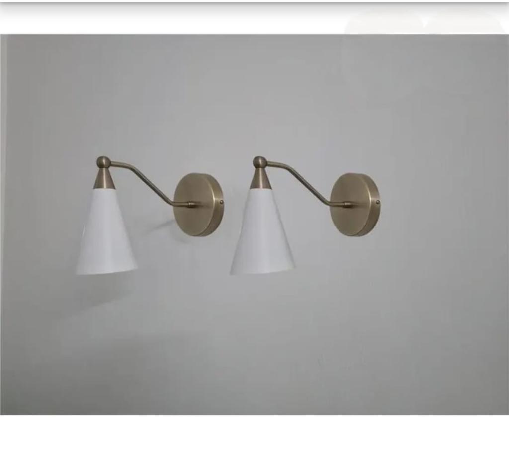 Pair of Handcrafted Wall Sconces : Raw Brass & White Cone Lamps