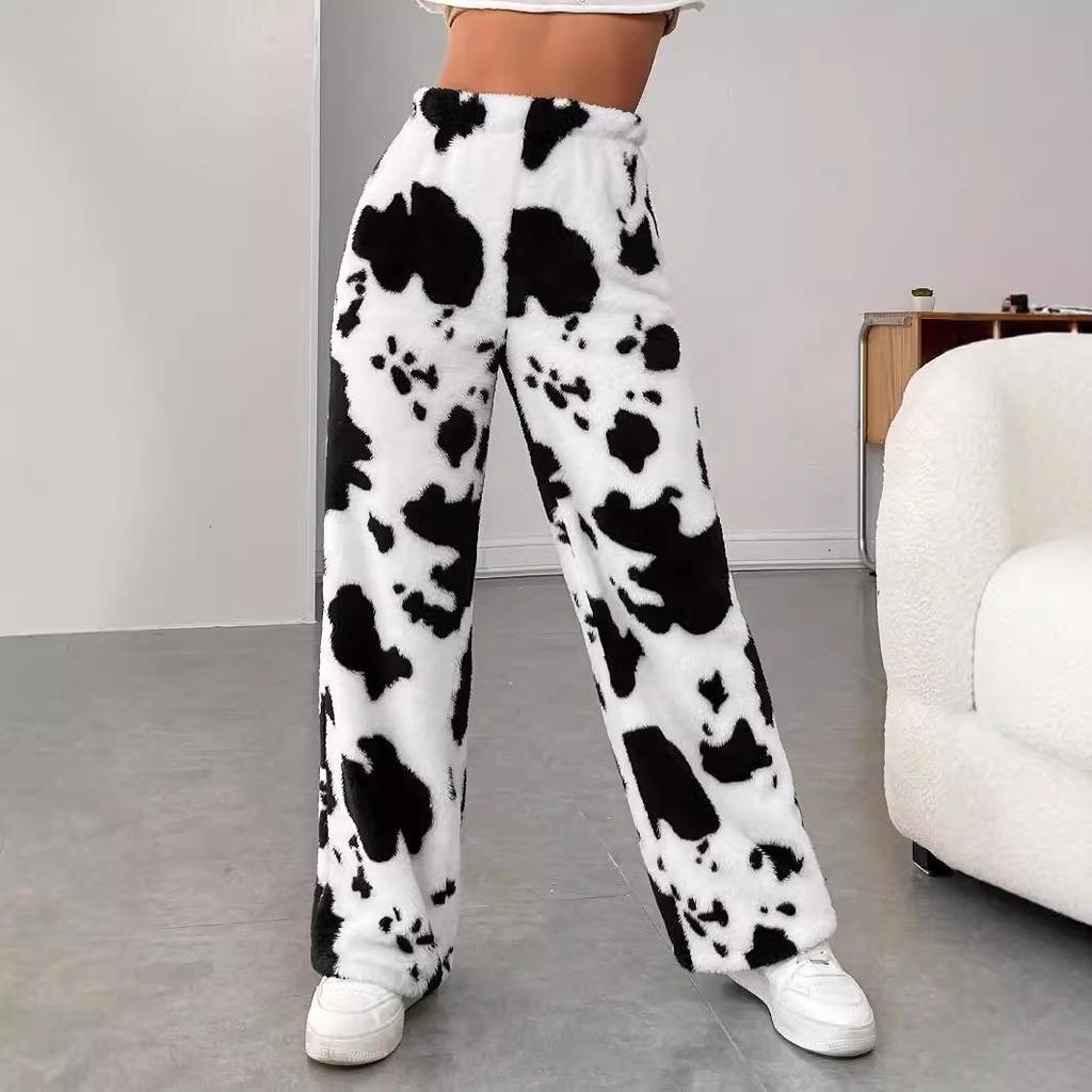 2025 Shien High-Waist Cow Pattern Casual Fur Trousers - Comfortable Autumn/Winter Pants
