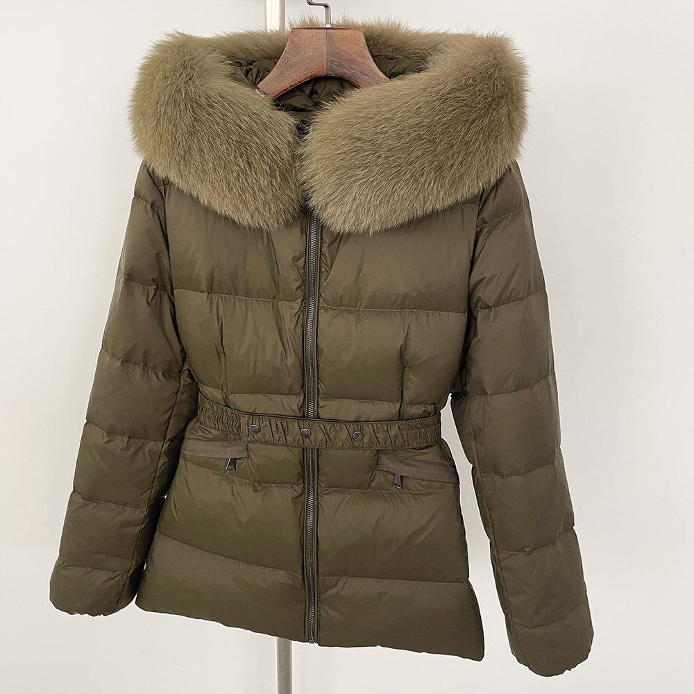 OFTBUY 2024 Winter Jacket Women Natural Real Raccoon Fox Fur Collar Hooded White Duck Down Coat Belt Thick Warm Casual Outerwear