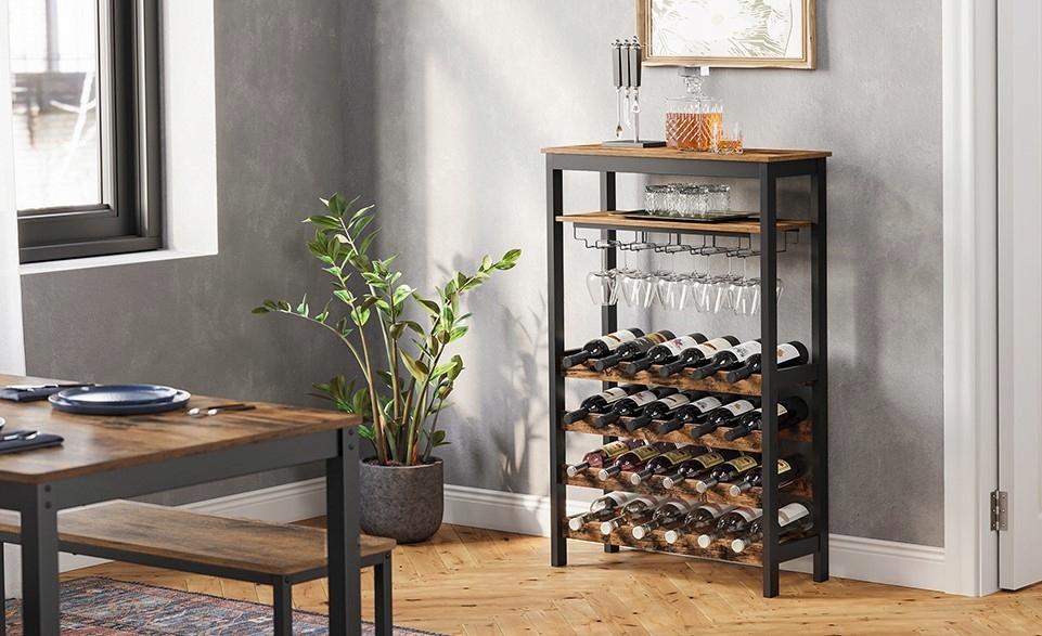Shelf rack for wine and glasses. Wooden loft wine cabinet.