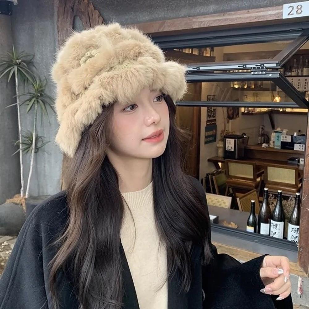 Faux Rabbit Fur Earflap Bucket Hat Fluffy Winter Windproof Hat Warm Fisherman Knitted Hat Girls