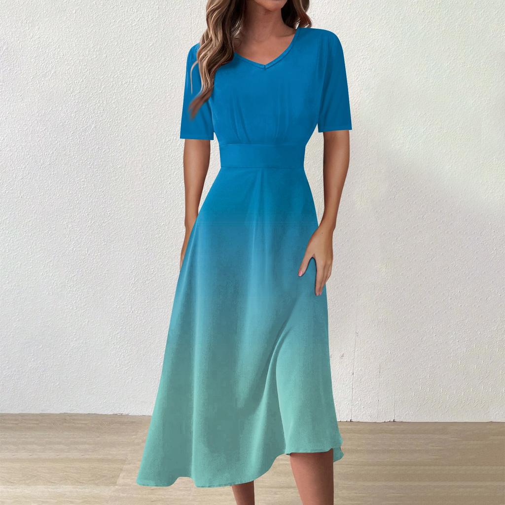 Женское повседневное модное платье с цветным V-образным вырезом и коротким рукавом на талии, длинное свободное платье