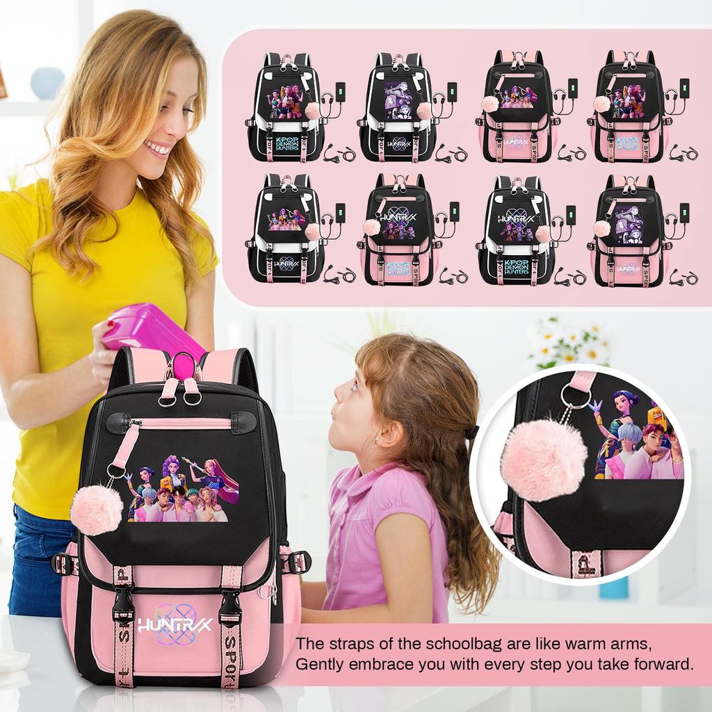 Movie Peripheral Print Backpack, School Bag Student Campus With Plush Ball Backpack With USB Port