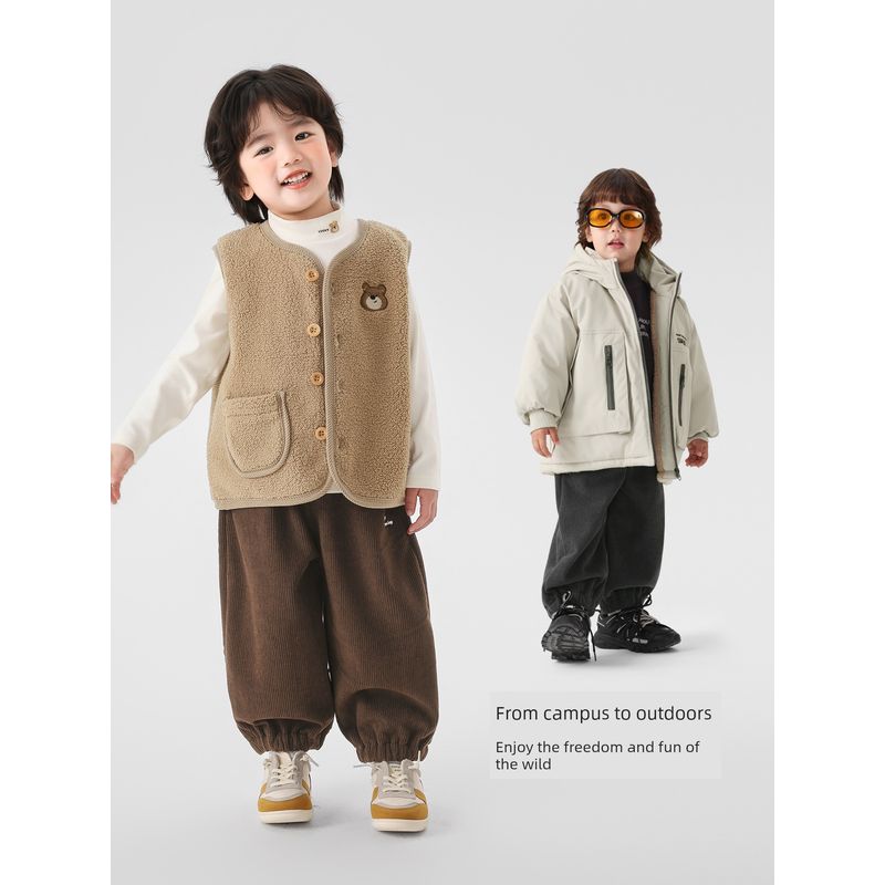 Right European Style Boys' Fleece-Lined Corduroy Trousers 2025 Autumn and Winter New Children's Clothing Baby Winter Cotton Pants