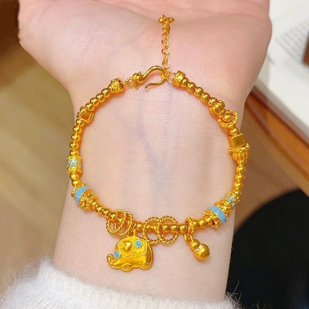 Elegant Enamel Gold Lucky Bead Hand Chain Sand Gold Granulation Dumpy Elephant Bracelet  Banquet